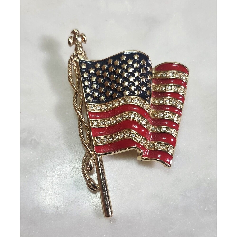 Monet "United We Stand Remember 9-11-2001" USA Flag Brooch Pin Enamel Rhinestone